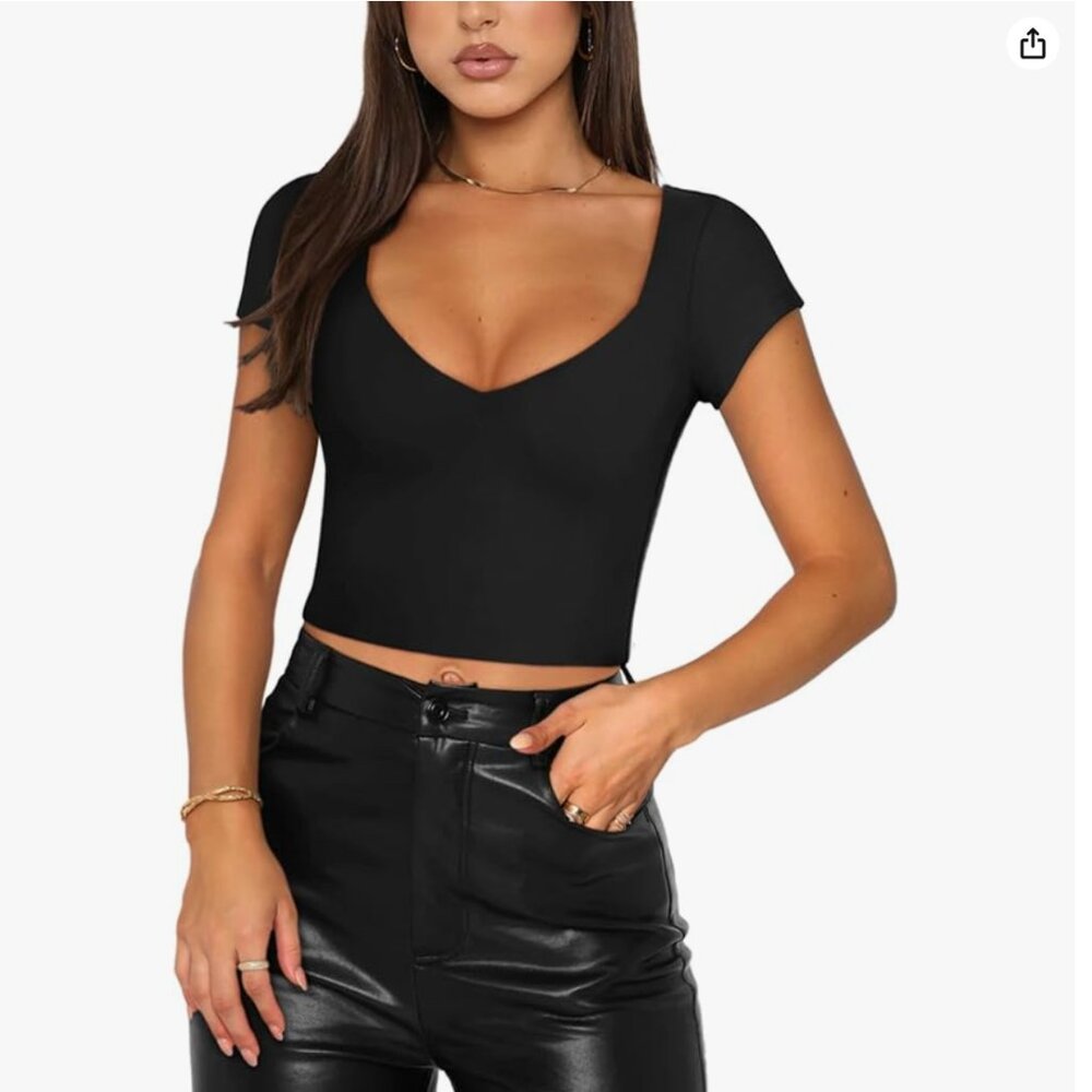 REORIA Sexy Casual V Neck Short Sleeve Top Black Small